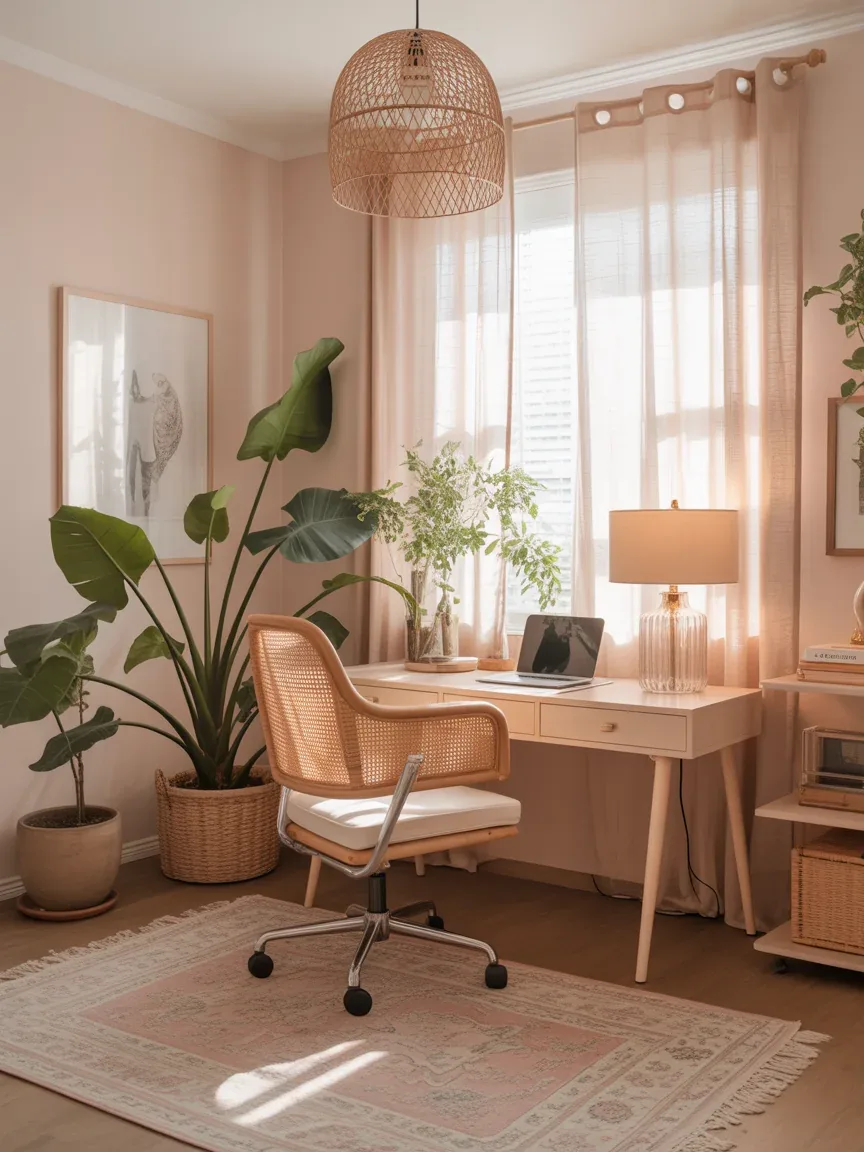 Soft Colors, Rattan, and Chic Decor: Feminine Boho Office Styling Ideas You’ll Obsess Over