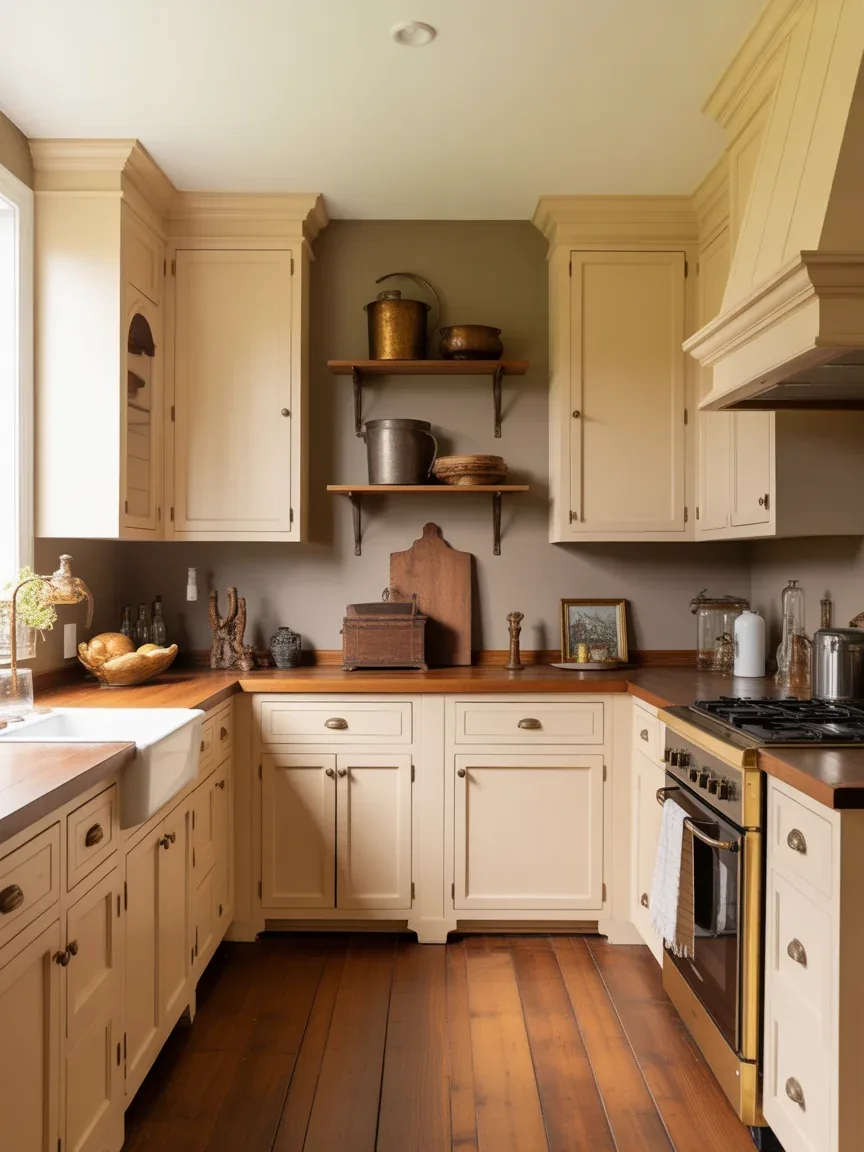 15. Soft Cream Colonial Kitchen With Antique Accents 15. Soft Cream Colonial Kitchen With Antique Accents