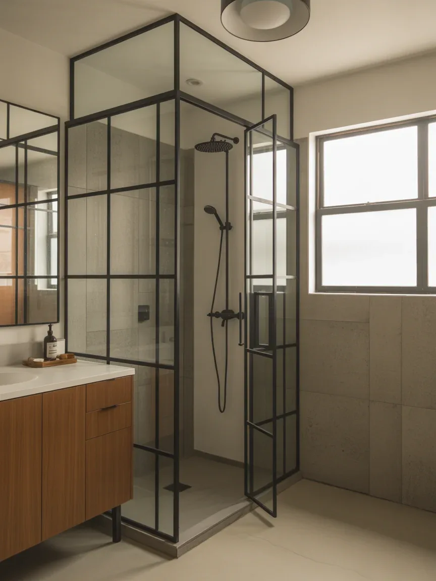 8. Soft Industrial Bathroom With Black Steel Framed Shower 8. Soft Industrial Bathroom With Black Steel Framed Shower