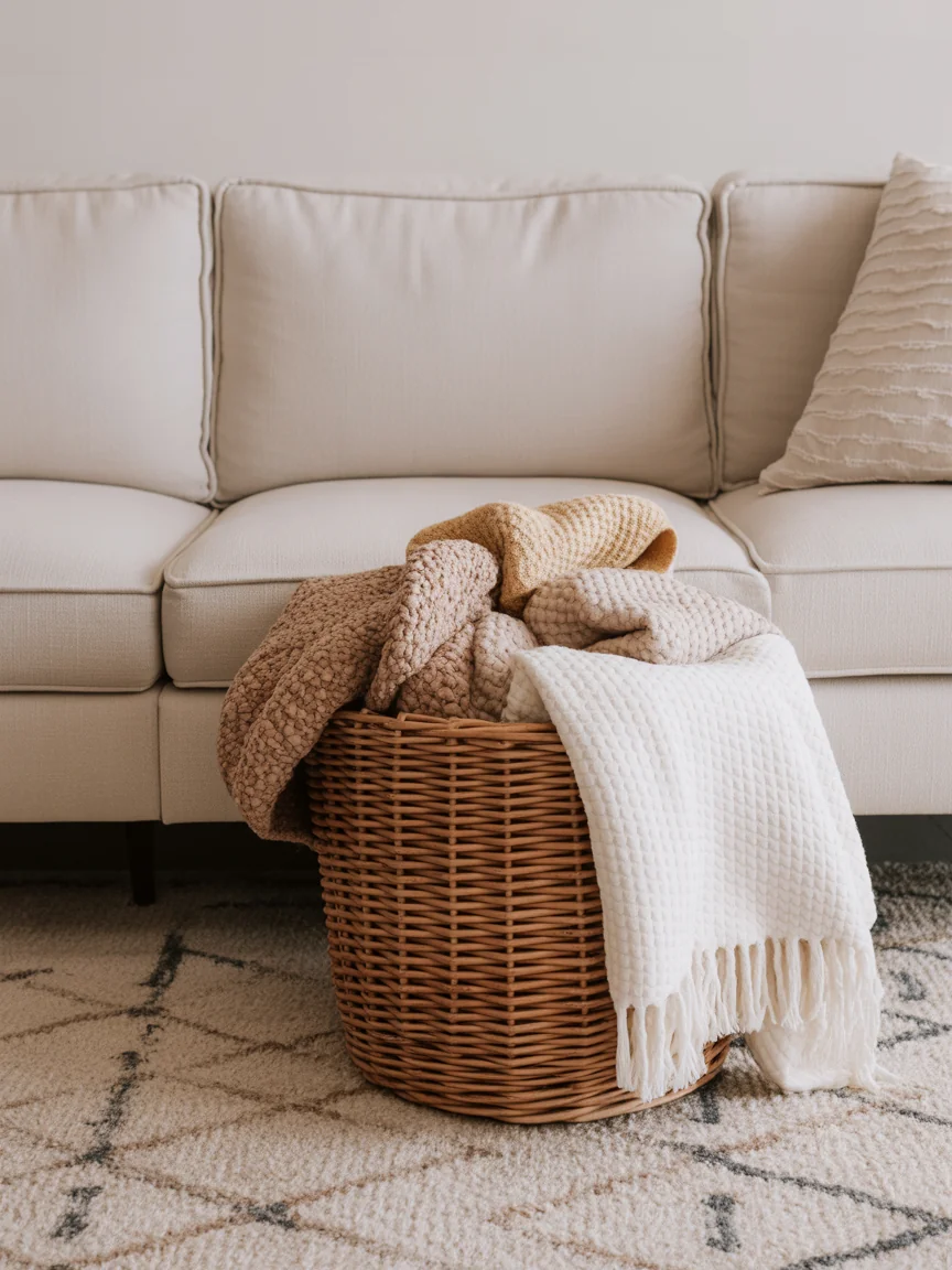 15. Soft Neutral Haven With Oversized Floor Basket