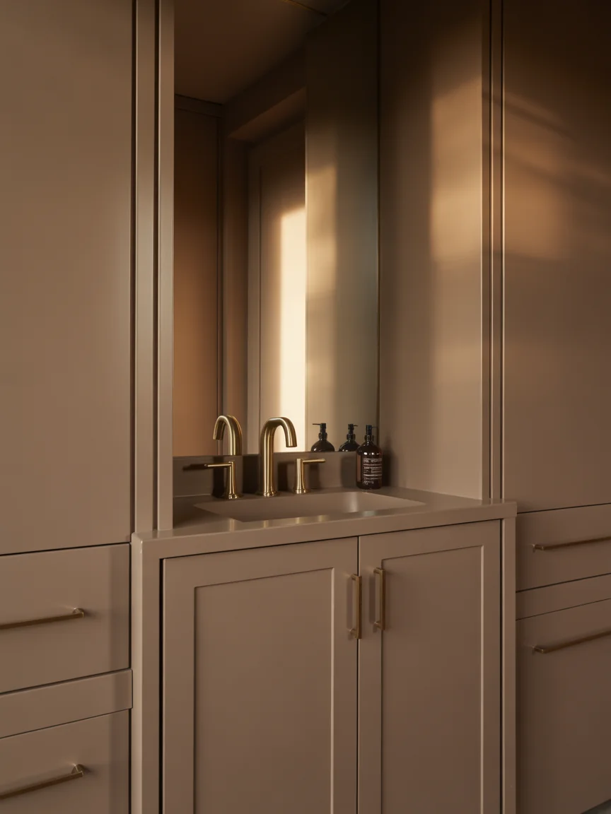 10. Soft Taupe Bathroom With Gold Accents