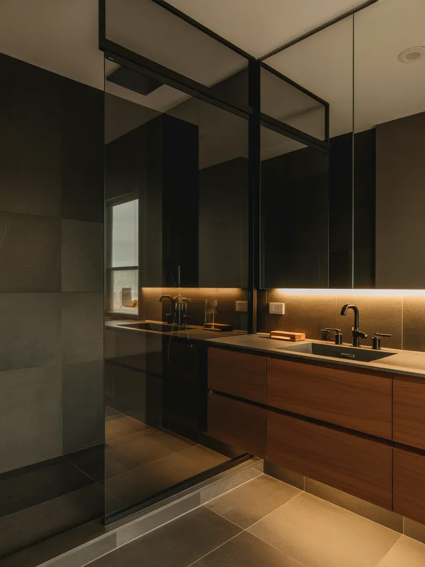 1. Spa-Like Black Stone Retreat With Floating Walnut Vanity 1. Spa-Like Black Stone Retreat With Floating Walnut Vanity