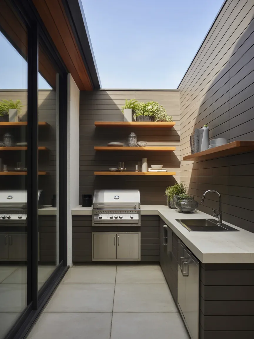 1. Straight-Line Minimalist Kitchen for Narrow Patios 1. Straight-Line Minimalist Kitchen for Narrow Patios