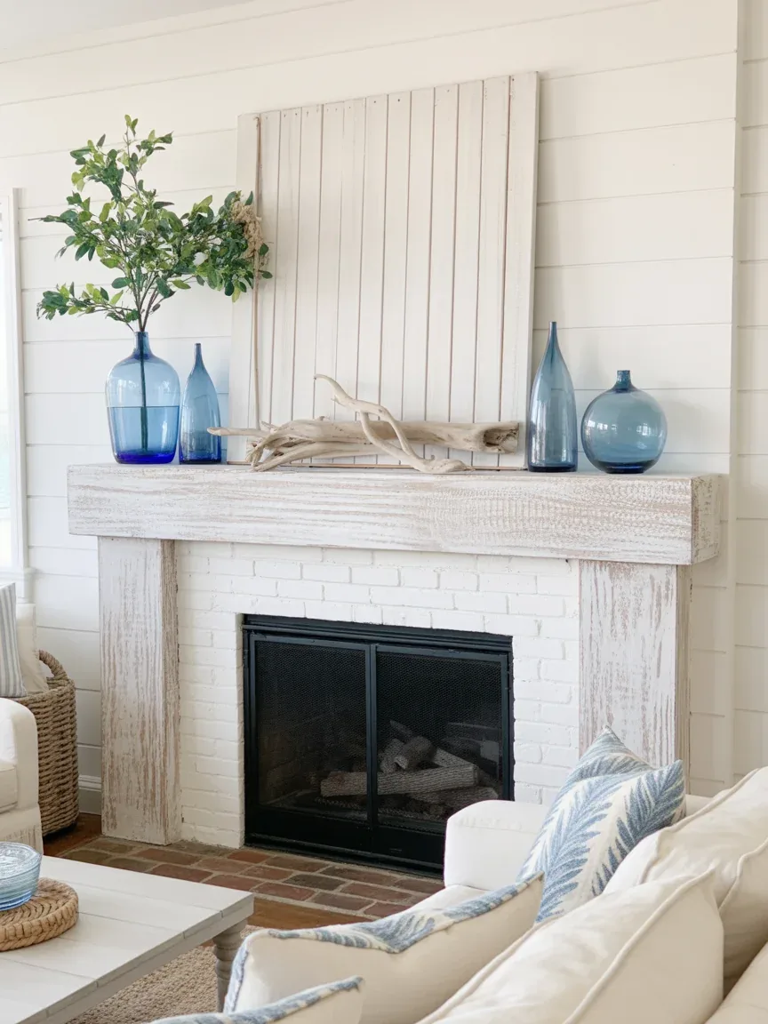 4. Summer Coastal Farmhouse Mantel With Breezy Blue Accents 4. Summer Coastal Farmhouse Mantel With Breezy Blue Accents
