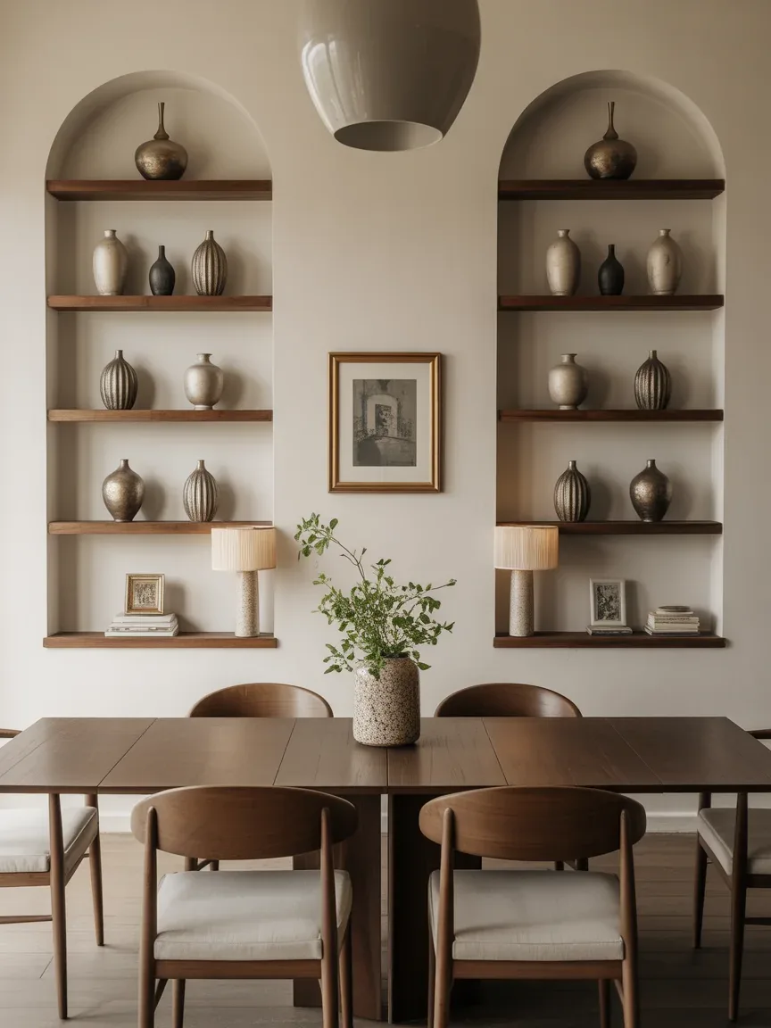 4. Symmetrical Double Shelf Layout With Matching Decor 4. Symmetrical Double Shelf Layout With Matching Decor