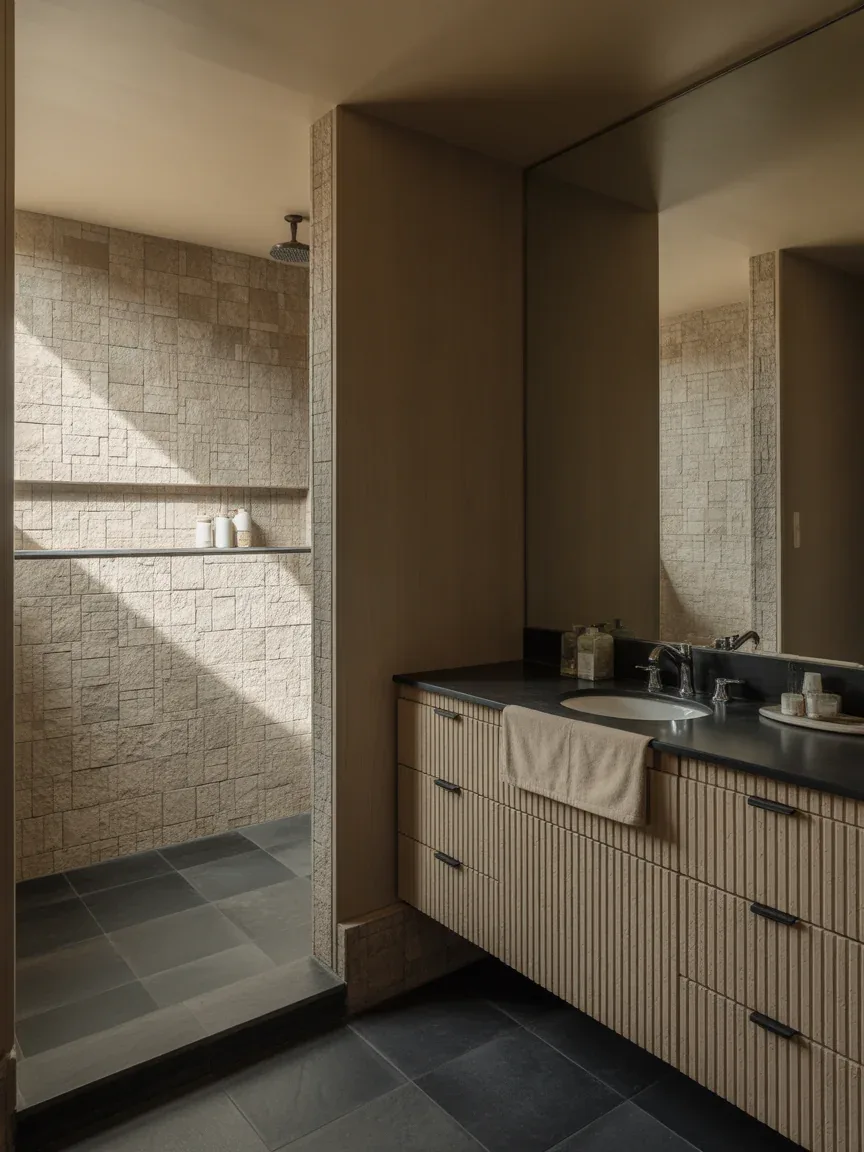15. Textural Layered Bathroom With Mixed Stone Finishes 15. Textural Layered Bathroom With Mixed Stone Finishes