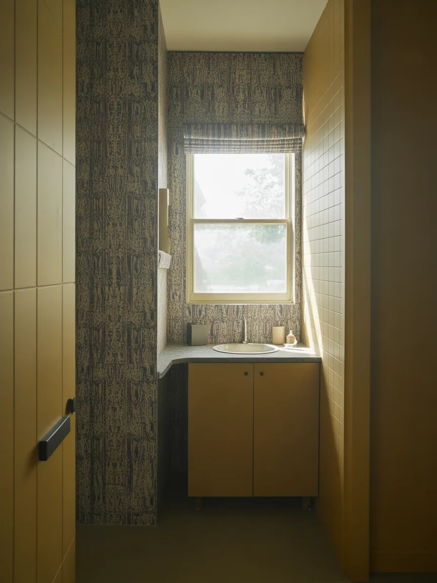9. Tiny Bathroom With Statement Wallpaper