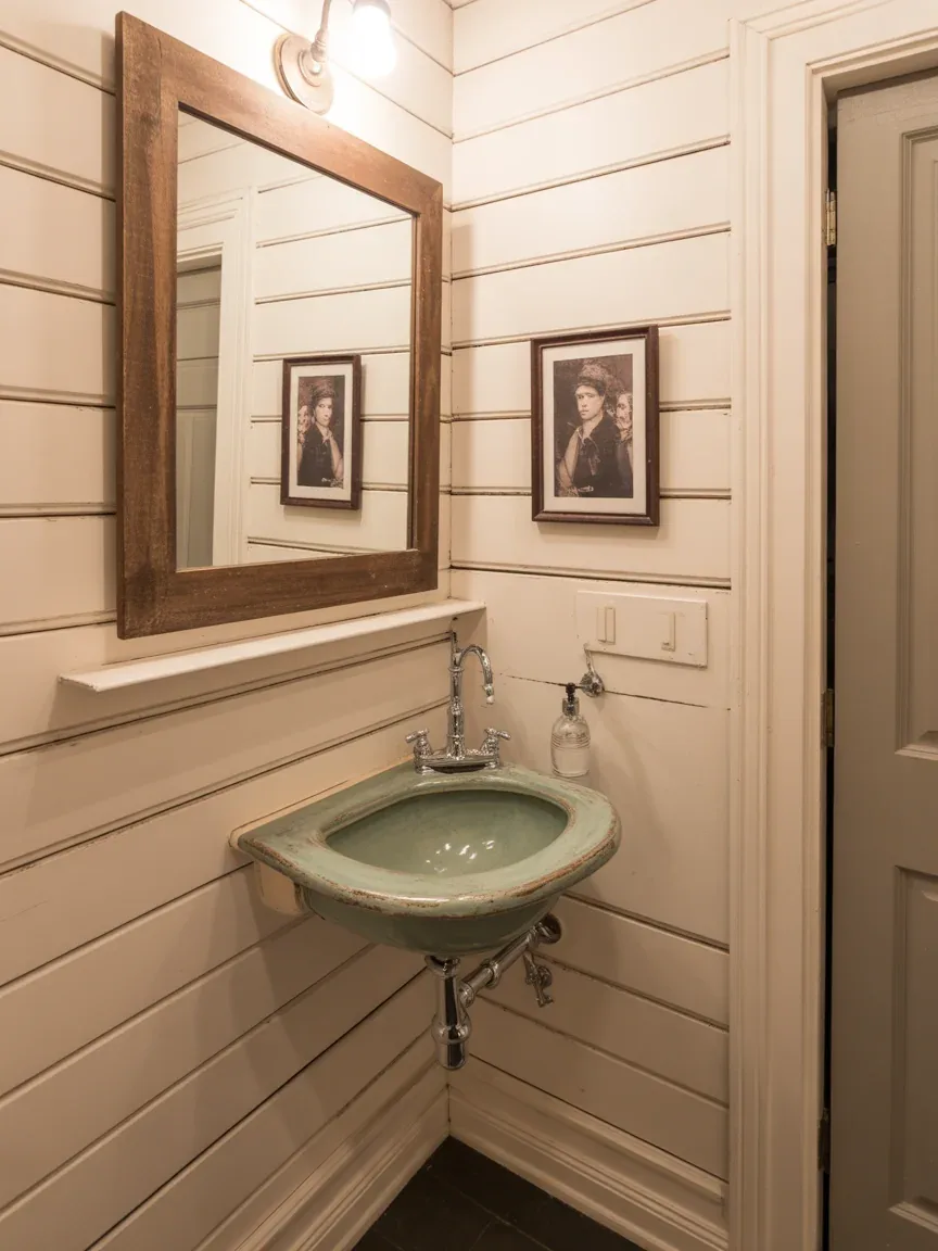 16. Tiny Farmhouse Bathroom With Corner Sink 16. Tiny Farmhouse Bathroom With Corner Sink