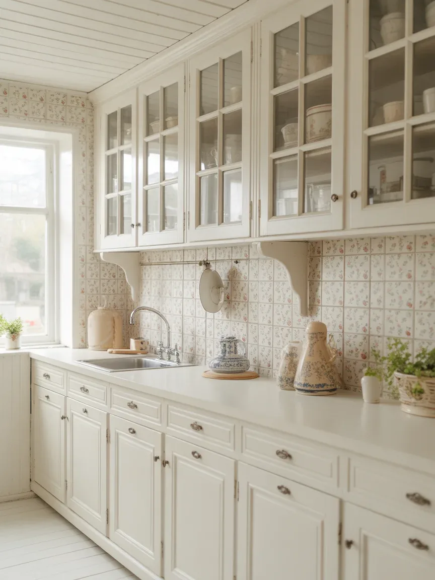 10. Tiny Floral Print Vintage White Kitchen 10. Tiny Floral Print Vintage White Kitchen