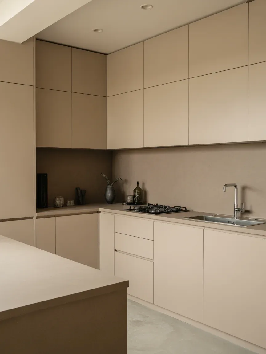 21. Ultra-Modern Beige Kitchen With Monochrome Layers 21. Ultra-Modern Beige Kitchen With Monochrome Layers