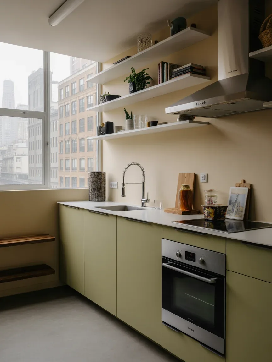 16. Urban Apartment Kitchen With Slim Floating Shelves 16. Urban Apartment Kitchen With Slim Floating Shelves
