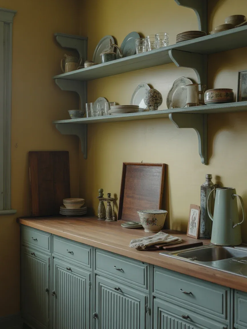 10. Vintage Charm With Painted Shelves 10. Vintage Charm With Painted Shelves