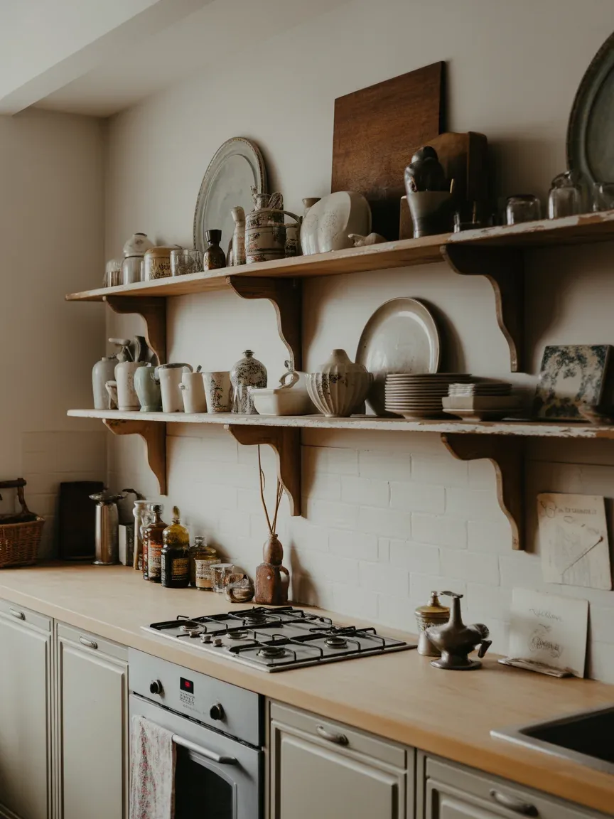 11. Vintage-Inspired Kitchen With Decorative Shelves 11. Vintage-Inspired Kitchen With Decorative Shelves