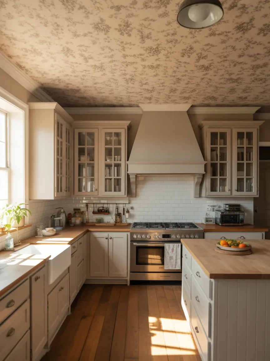 12. Wallpapered Ceiling Farmhouse Kitchen Surprise 12. Wallpapered Ceiling Farmhouse Kitchen Surprise