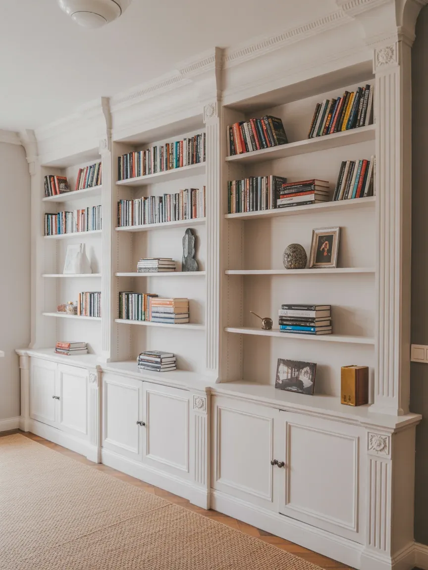 17. Wall-to-Wall White Built-Ins With Crown Molding 17. Wall-to-Wall White Built-Ins With Crown Molding