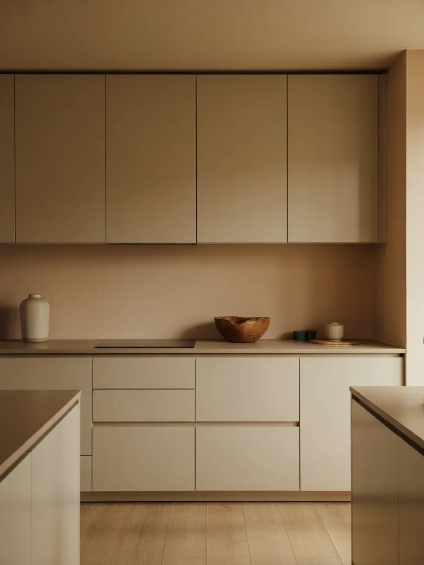 1. Warm Minimalist Kitchen With Soft Matte Beige Cabinets 1. Warm Minimalist Kitchen With Soft Matte Beige Cabinets