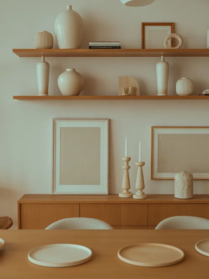 1. Warm Modern Oak Shelves With Neutral Ceramics 1. Warm Modern Oak Shelves With Neutral Ceramics