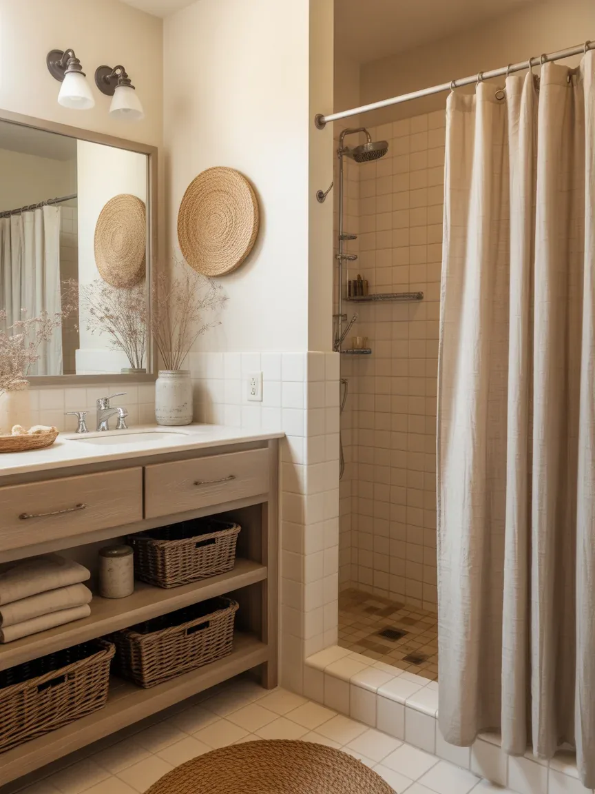 9. Warm Neutral Farmhouse Bathroom With Beige Layers 9. Warm Neutral Farmhouse Bathroom With Beige Layers