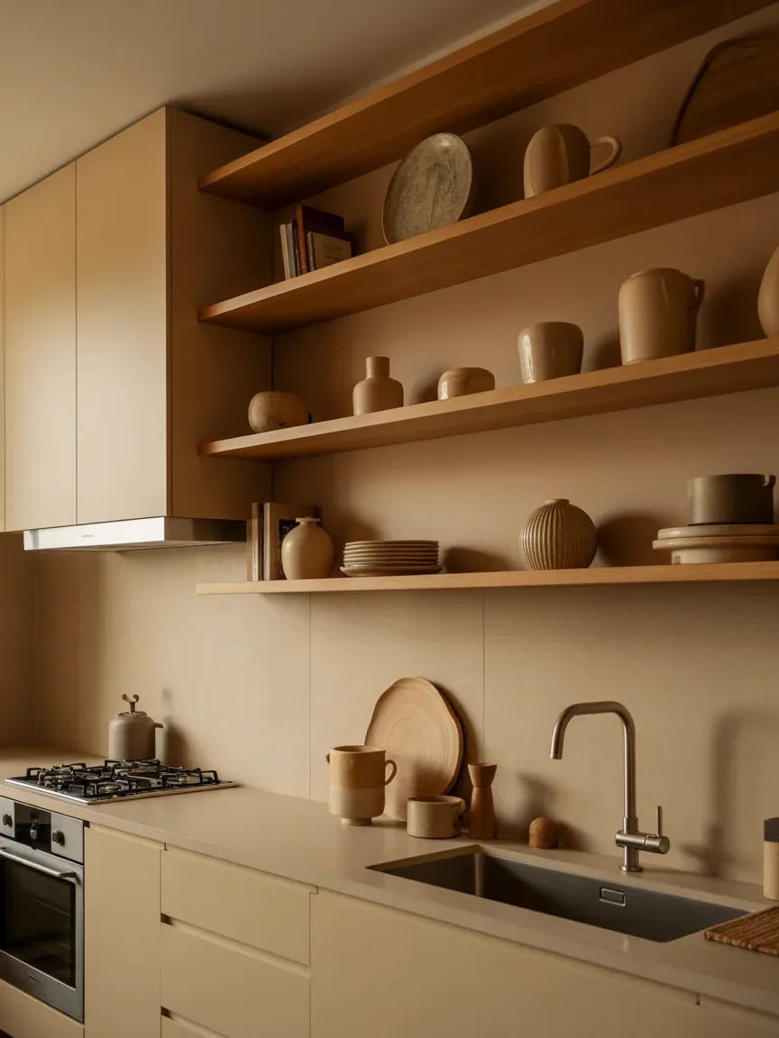 13. Warm Neutral Kitchen With Layered Wood Shelves 13. Warm Neutral Kitchen With Layered Wood Shelves