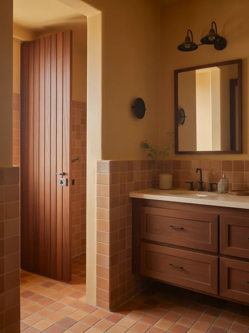 17. Warm Terracotta Farmhouse Bathroom 17. Warm Terracotta Farmhouse Bathroom