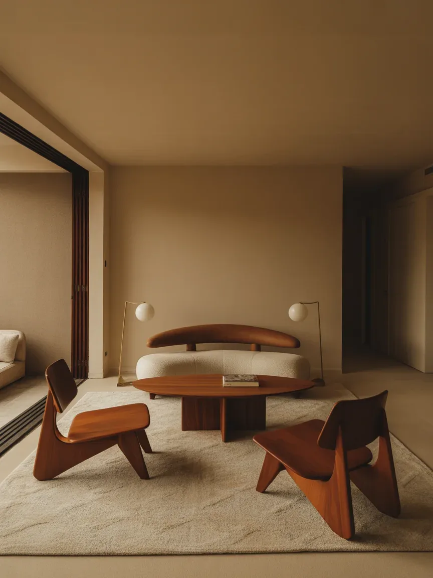 1. Warm Walnut Lounge With Sculptural Seating 1. Warm Walnut Lounge With Sculptural Seating