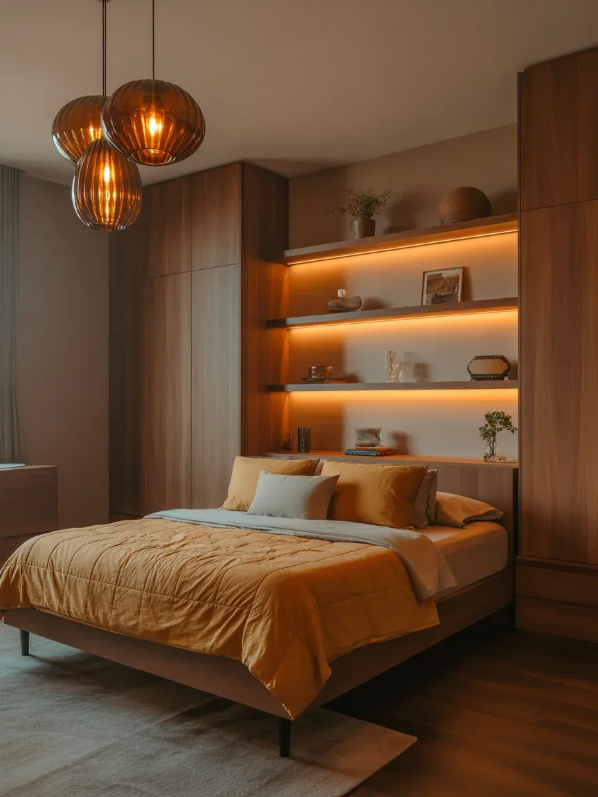12. Warm Wood and Amber Lighting Haven 12. Warm Wood and Amber Lighting Haven