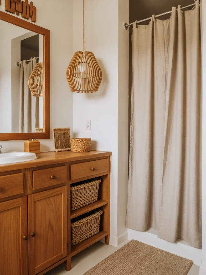 9. Warm Wood Farmhouse Bathroom With Natural Texture 9. Warm Wood Farmhouse Bathroom With Natural Texture