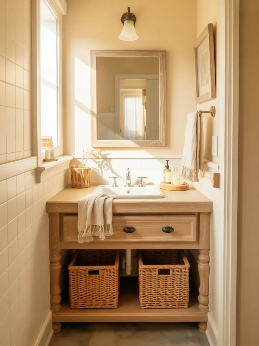 2. Warm Wood Vanity With Soft Cream Walls 2. Warm Wood Vanity With Soft Cream Walls