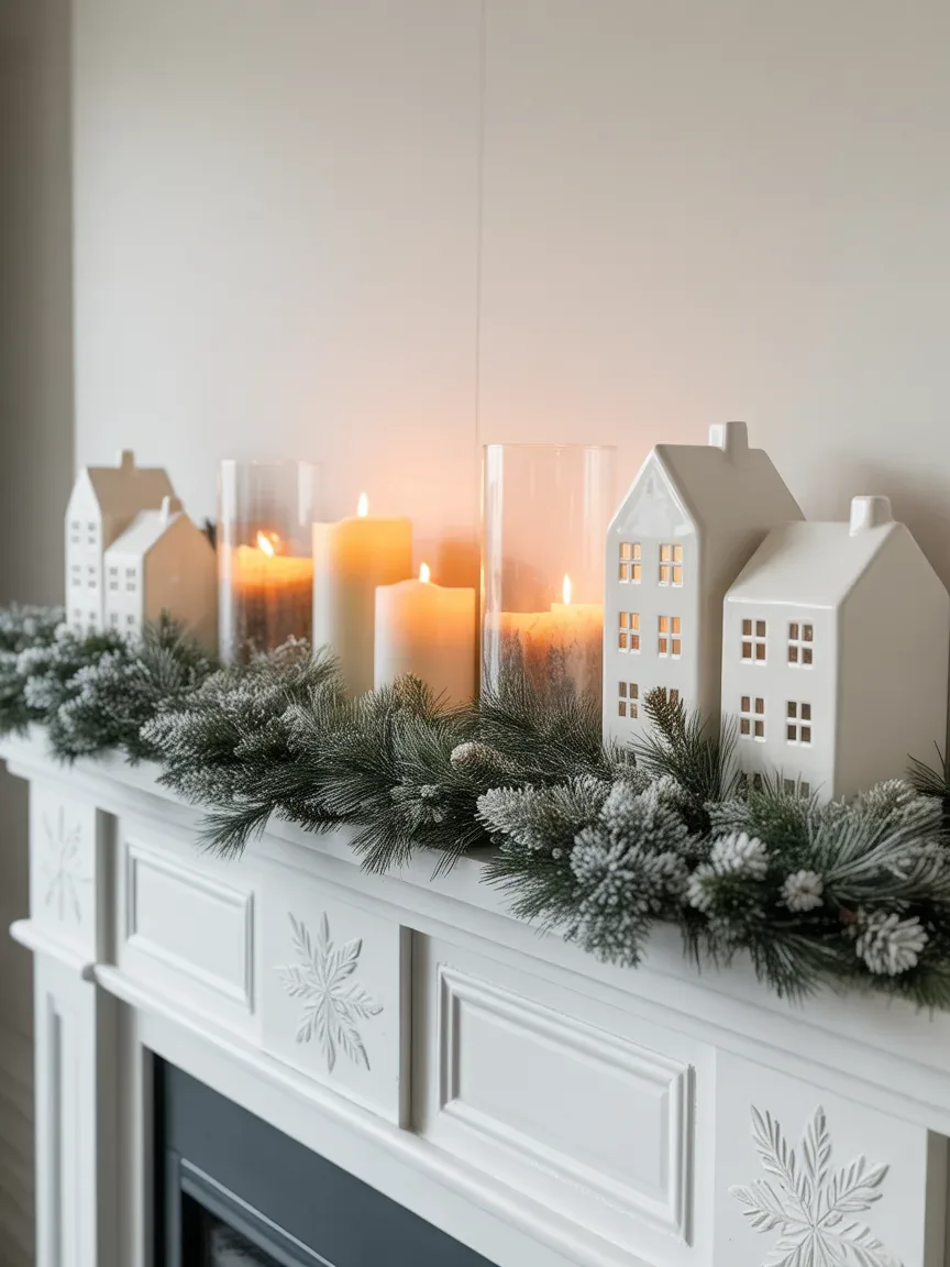 6. Winter Wonderland Mantel With Frosted Greenery 6. Winter Wonderland Mantel With Frosted Greenery