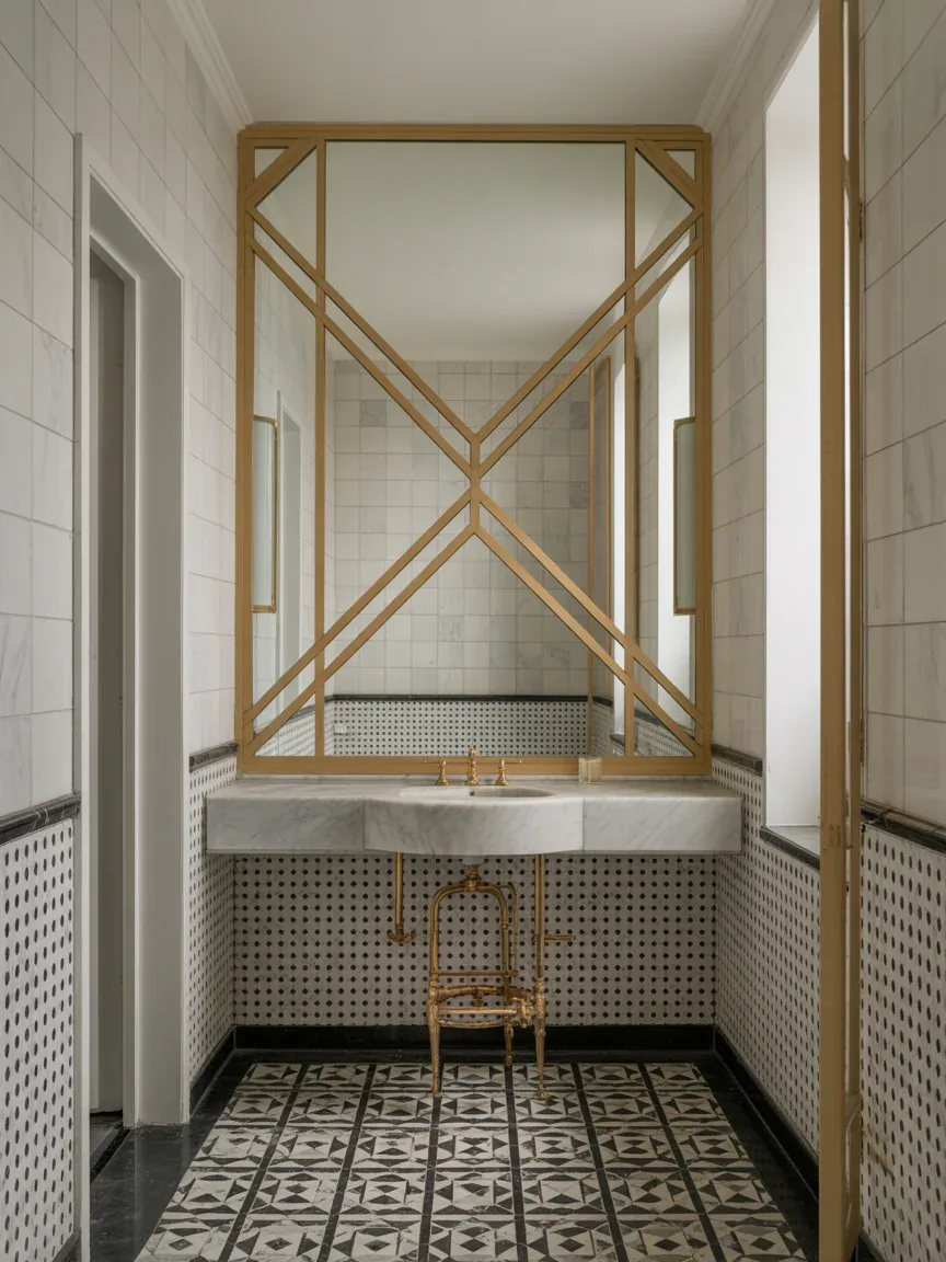 15. Art Deco Bathroom With Geometric Gold Details 15. Art Deco Bathroom With Geometric Gold Details