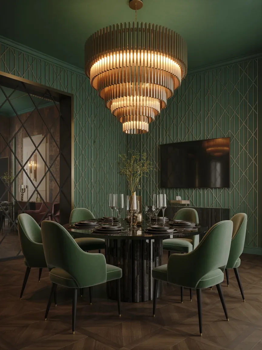 9. Art Deco Drama With Tiered Brass Lighting 9. Art Deco Drama With Tiered Brass Lighting