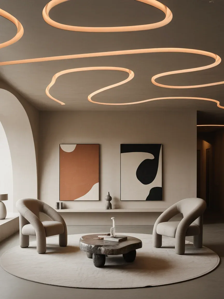 14. Artistic Lounge With Asymmetrical Light Patterns 14. Artistic Lounge With Asymmetrical Light Patterns