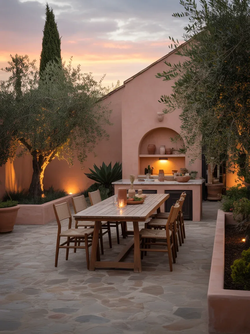 16. Backyard Dining Space With Casual Mediterranean Style 16. Backyard Dining Space With Casual Mediterranean Style