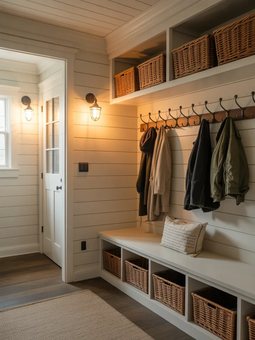 6. Barn-Inspired Mudroom With Rustic Sconces 6. Barn-Inspired Mudroom With Rustic Sconces