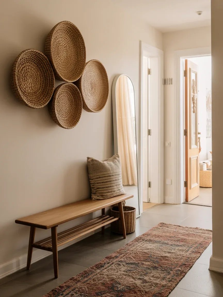 11. Boho Chic Entryway With Woven Wall Baskets 11. Boho Chic Entryway With Woven Wall Baskets