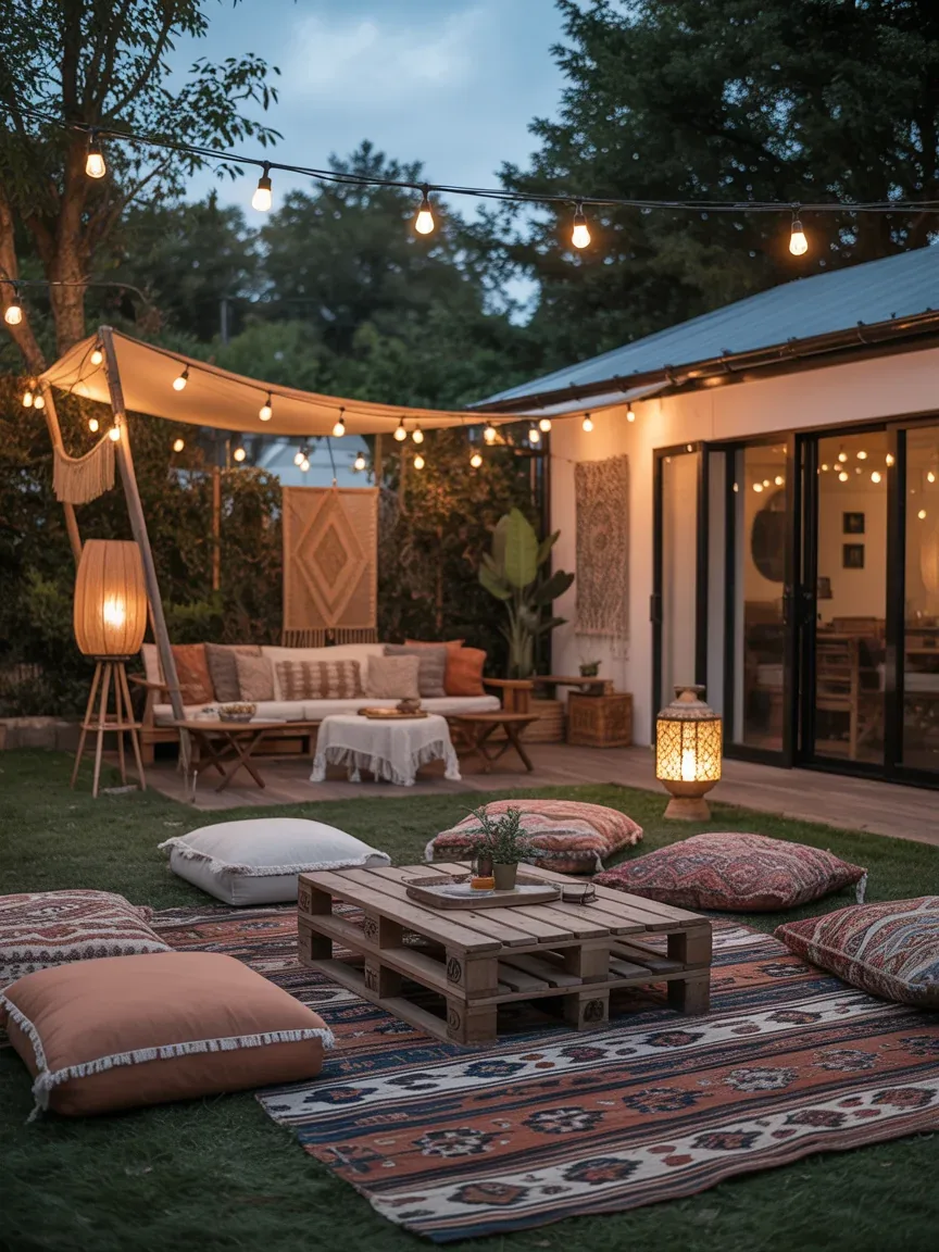 1. Boho Picnic Lounge With Floor Cushions and Lanterns 1. Boho Picnic Lounge With Floor Cushions and Lanterns