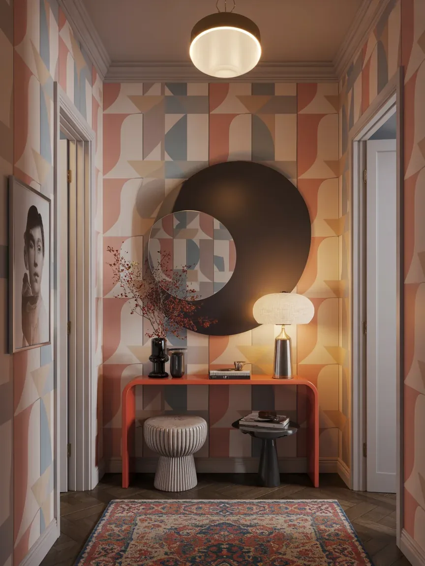 6. Bold Maximalist Entryway With Graphic Wallpaper 6. Bold Maximalist Entryway With Graphic Wallpaper