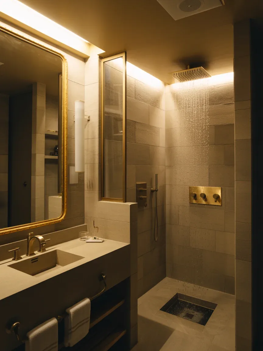 10. Boutique Hotel Bathroom With Dramatic Gold Fixtures 10. Boutique Hotel Bathroom With Dramatic Gold Fixtures