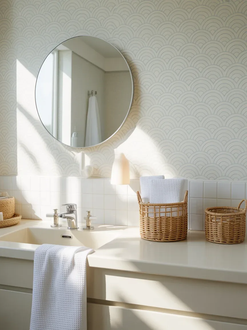 10. Bright Coastal Bathroom With Ocean-Inspired Wallpaper 10. Bright Coastal Bathroom With Ocean-Inspired Wallpaper