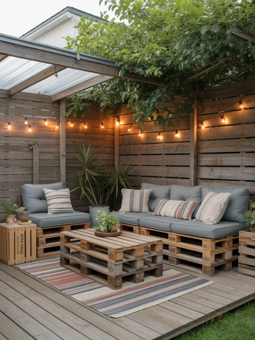 18. Budget-Friendly DIY Pallet Patio With Cozy Layers 18. Budget-Friendly DIY Pallet Patio With Cozy Layers