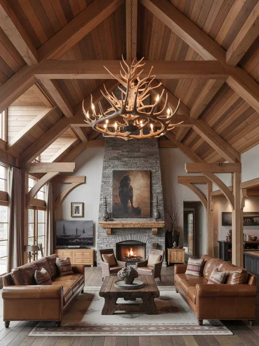 9. Cathedral Ceiling Great Room With Antler Chandelier 9. Cathedral Ceiling Great Room With Antler Chandelier