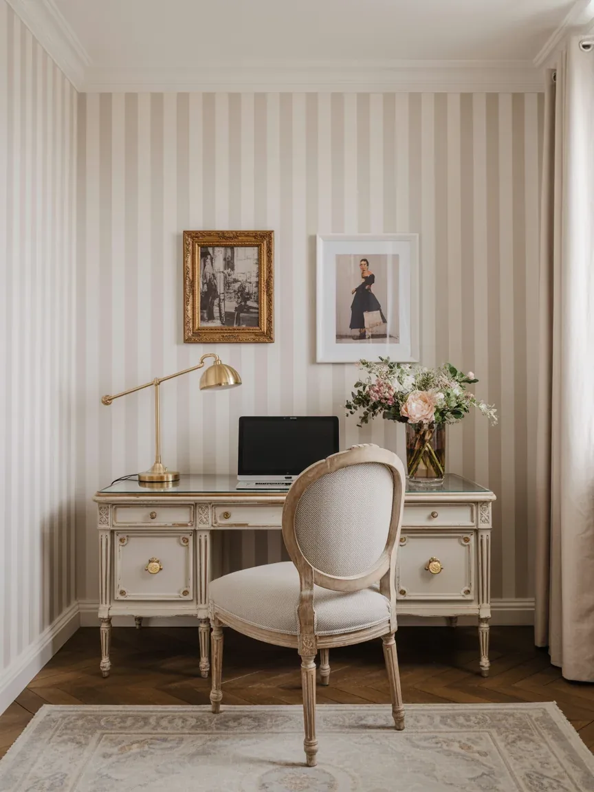 8. Chic Parisian Office Space With Neutral Stripe Wallpaper 8. Chic Parisian Office Space With Neutral Stripe Wallpaper