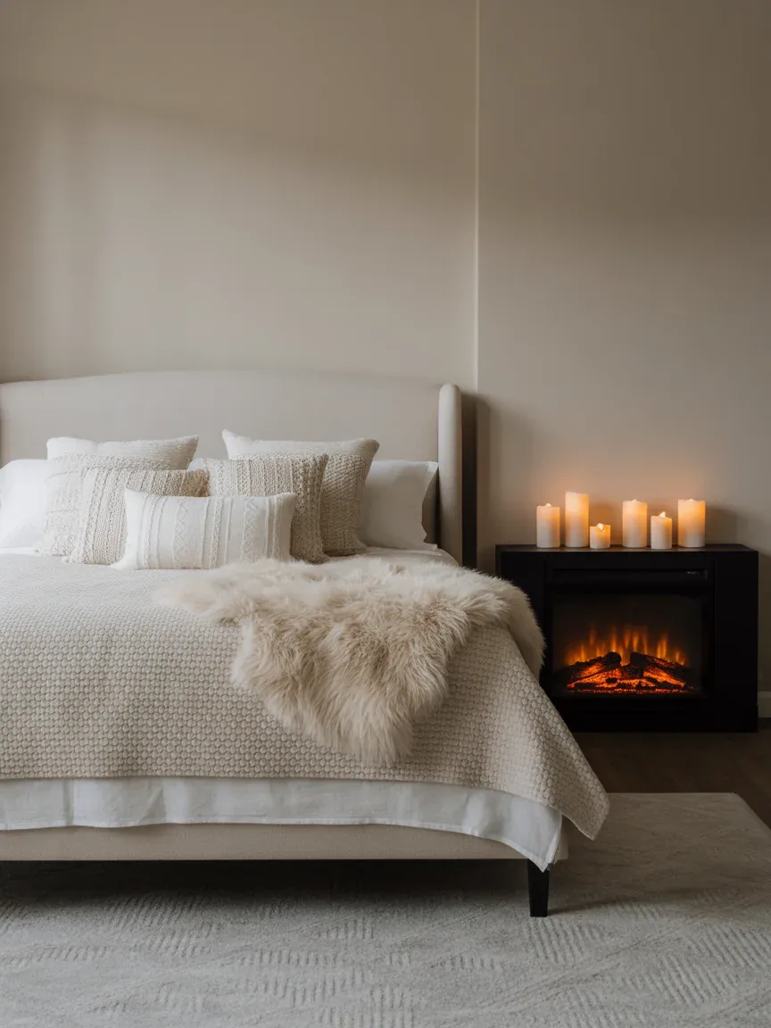 14. Classic Cozy Neutral Bedroom With Fireplace Vibes 14. Classic Cozy Neutral Bedroom With Fireplace Vibes