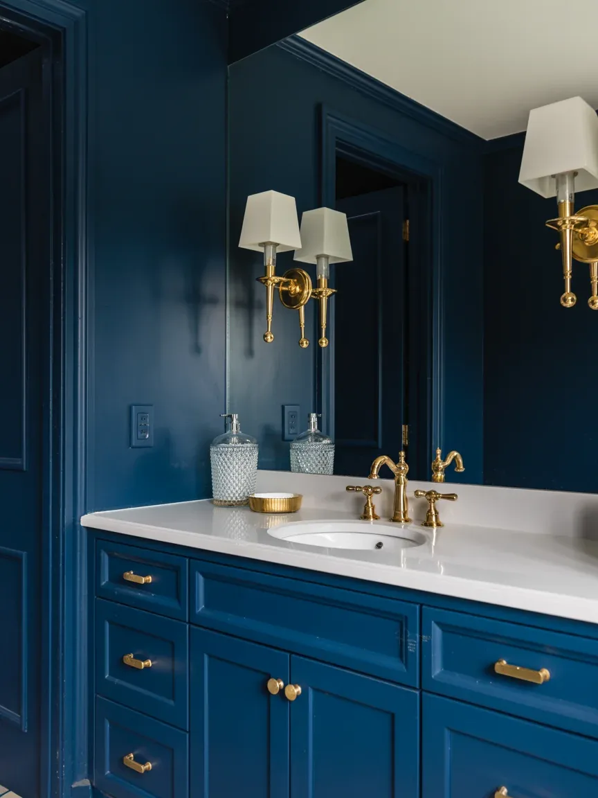 14. Classic Navy Bathroom With Gold Hardware 14. Classic Navy Bathroom With Gold Hardware