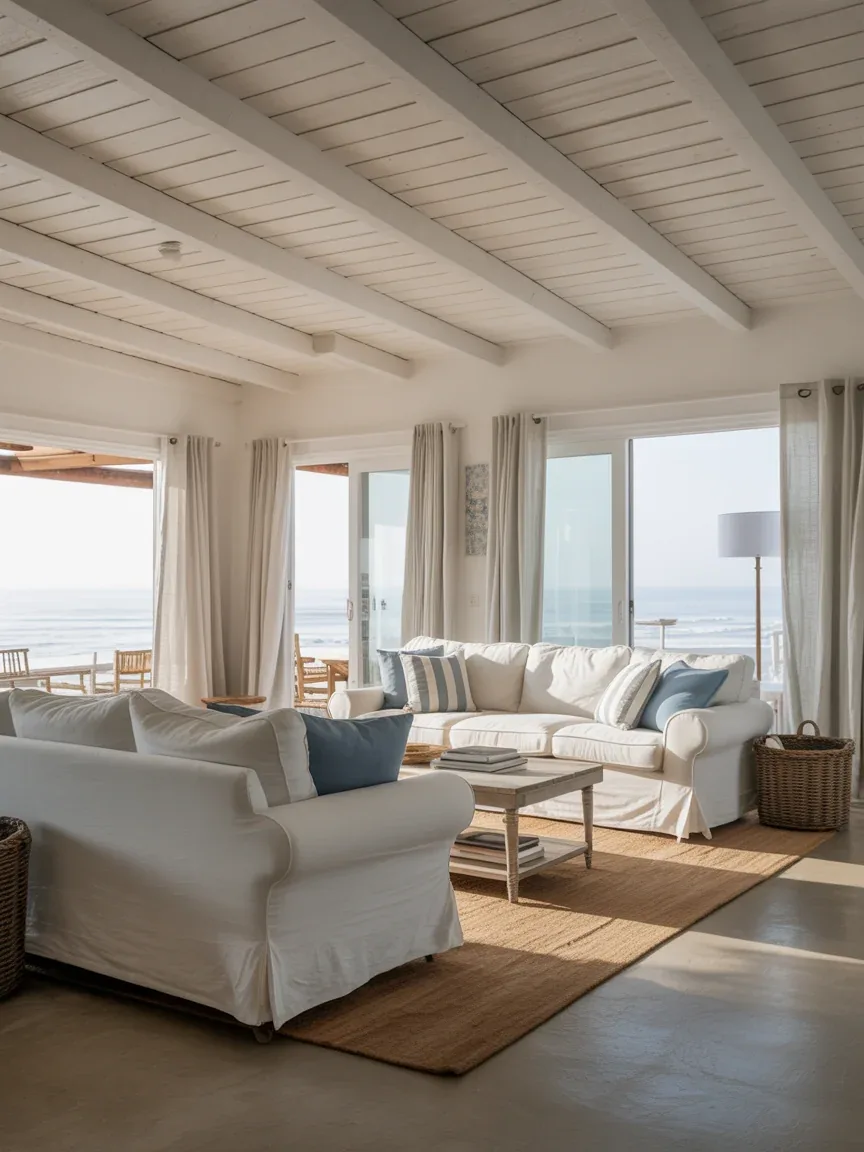 7. Coastal Living Room With Whitewashed Wood Ceilings 7. Coastal Living Room With Whitewashed Wood Ceilings