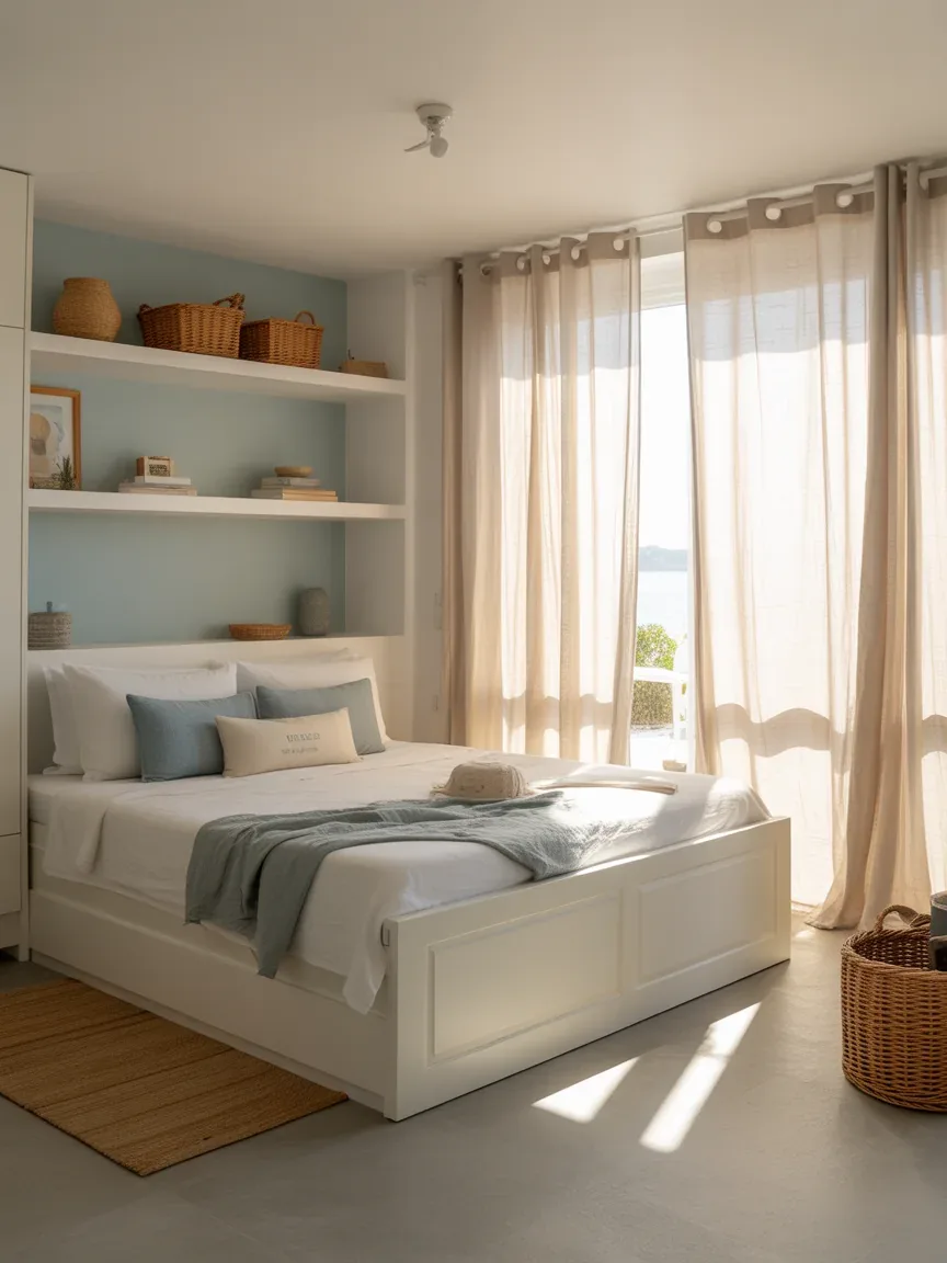 7. Coastal Minimalist Bedroom With Bright Hidden Storage 7. Coastal Minimalist Bedroom With Bright Hidden Storage