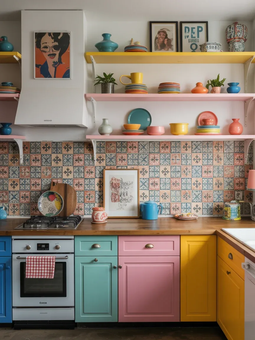 11. Colorful Eclectic Kitchen With Mixed Patterns 11. Colorful Eclectic Kitchen With Mixed Patterns