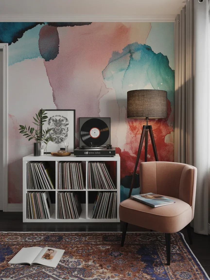 13. Colorful Eclectic Music Corner With Abstract Wallpaper 13. Colorful Eclectic Music Corner With Abstract Wallpaper