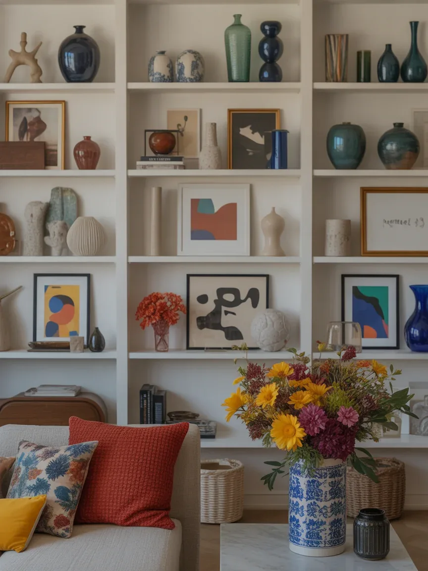 11. Colorful Eclectic Shelves With Playful Autumn Layers 11. Colorful Eclectic Shelves With Playful Autumn Layers