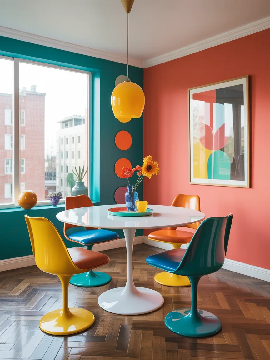 15. Colorful Retro Dining Room With Playful Energy 15. Colorful Retro Dining Room With Playful Energy